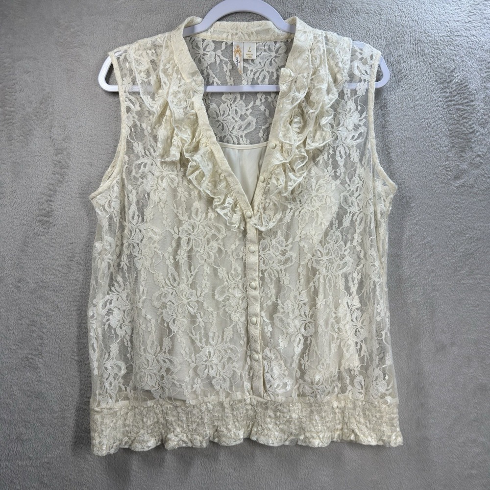 Adiva Women's Ivory Sleeveless Lace Top w/ Cami‎ Sz L Coquette Romantic